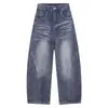 Calça jeans vintage azul lavada com bordado de estrela e design curvo segmentado, calça larga e solta estilo high street americano para homens