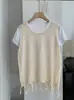 Conjunto de Dos Piezas KEKEZOON Chal de Punto Calado Redondo sin Mangas con Borlas y Camiseta Blanca 7347