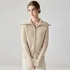 Jaqueta de cashmere 100% macia como nuvem, amigável para a pele, com lapela grande, design canelado vertical, zíper bidirecional, cardigã de cashmere moderno e versátil