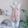 [Habitat de Nuvem Borboleta Azul] Pijama de Seda Gelada Feminino Explosões Ao Vivo Alças Curtas Vento de Desejo Puro Calças de Manga Longa Conjunto de Quatro Peças