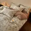 Sem fiapos ~ Conjunto de quatro peças com estampa de algodão escovado espesso para outono e inverno, conjunto de cama quente estilo lençol de baixo com elástico floral pastoral de algodão puro
