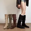 Botas Vaqueras Occidentales de Estilo Coreano Nuevas para Otoño/Invierno 2026 para Mujer, con Tacón Oculto, Tacón Grueso, Gamuza, Caña Ancha de Moda, Efecto Adelgazante y Diseño de Volantes