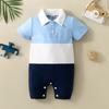 Conjunto Polo Infantil e para Bebê Menino Transfronteiriço com Bloco de Cores e Emenda, Gola Polo Aberta, Manga Curta Estéreo, Macacão Longo Estéreo