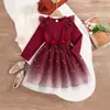 Vestido de Menina para Primavera e Outono Cor Sólida Mangas Curtas Leves Patchwork Malha Saia Evasê Cadarço Manga Longa Vestido Princesa
