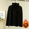 Camiseta de terciopelo suelta de cuello alto largo para mujer, cuello interior de felpa caliente, talla grande, camisa base gruesa estilo occidental, top de otoño e invierno