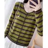 Cardigan de Lana de Punto Fino con Cuello Redondo, Rayas y Bloques de Color Retro, Manga Larga para Mujer, Suéter Base Capa Otoño/Invierno 2026
