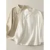 Camisa vintage de ramio para mujer, camisa de lino estilo Zen de otoño, nuevo estilo chino con cuello alto, tapeta diagonal con cierre de botón, top de color liso para atuendo de té