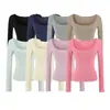 Atacado de roupas femininas transfronteiriças 2026 outono novo sexy garota popular bolso patch grande gola U longa manga longa camisa base overlock