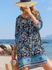 Vestido de Verano 2025 Nuevo de Amazon para Mujer, Corte A, Estampado, Manga Tres Cuartos, Abertura en el Dobladillo, Decoración de Borlas