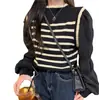Suéter Tejido a Rayas con Costuras de Gasa Falso Dos Piezas para Mujer Diseño de Otoño e Invierno Camisa Base Interior Top de Manga Abullonada