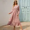 Vestido floral europeu e americano longo de gola redonda com mangas compridas para afinar a cintura