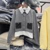 Estilo Europeo y Americano 2025 Otoño e Invierno Nueva Moda Jersey de Punto Falso de Dos Piezas con Cuello de Camisa Contrastante