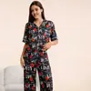 Conjunto de Dos Piezas para Mujer de Manga Corta con Solapa, Cardigan Estampado, Pijama y Ropa de Casa, Nuevo Estilo Europeo y Americano Transfronterizo para Primavera y Verano