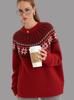 Suéter Jacquard Retrô Vermelho de Natal Fair Isle para Mulheres, Pulôver Solto, Malha Preguiçosa de Outono e Inverno, Roupa Versátil para Mulheres