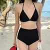 2025 Novo Biquíni Dividido Maiô Cor Sólida Cadarço Moda Alça Halter Maiô de Férias Maiô Feminino Sexy
