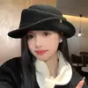 Boina Negra para Mujer 2026 Nuevo Otoño e Invierno Estilo Francés Hepburn Sombrero de Expatriado Sombrero de Pescador de Lana