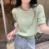 2025 Nueva Camiseta de Punto de Manga Corta Holgada con Aberturas Estilo Coreano para Mujer en Verano Chic de Nicho Aspecto Adelgazante Color Contrastante Cuello Redondo