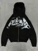 Cárdigan con capucha de estilo americano con estampado de graffiti de color oscuro degradado y púas, con un patrón pixelado roto, sudadera con capucha de corte holgado con cremallera