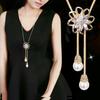 Novo Estilo Laço Cristal Corrente Longa para Suéter Corrente de Pérola Moda Pingente de Franja Colar Acessório para Roupa