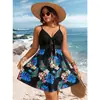 Vestido Transfronterizo para Mujer Tallas Grandes, Comercio Exterior Estilo Europeo y Americano Sexy Vestido de Tirantes Estampado, Vestido con Escote en V y Cintura Fruncida de Encaje