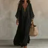 Vestido longo de renda com decote V para mulheres europeias e americanas 2026, vestido de férias na praia com manga morcego