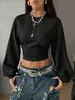 Sudadera con Capucha Cropped de Manga Larga Plisada en la Cintura Estilo Retro Americano Y2K Milenio para Mujer Mangas de Linterna Sueltas Cuello Redondo Manga Larga para Mujer