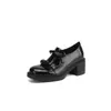 Mocassins de Couro de Vaca de Salto Alto Femininos Laço Francês Salto Bloco Sapatos de Uma Sola Estilo Britânico Preto Solado Grosso Estilo College Sapatos Pequenos de Couro
