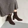 Botines finos de gamuza con hebilla para mujer, botines cortos elásticos, botines de tacón medio grueso, nuevos de otoño, punta redonda, cremallera lateral, botines cortos de moda para mujer