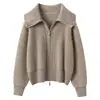 Cardigã de Malha Cashmere Feminino Bordado em Toalha Lapela Grande Outono Inverno Novo Design Espessado Zíper Duplo Casaco Suéter