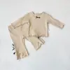 Conjunto de Roupa Íntima Canelada com Laço Estilo Primavera para Meninas, Pijama para Bebê Menina, Roupa de Casa, Conjunto de Duas Peças