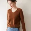 Suéter de cashmere macio com decote V versátil para o dia a dia de mulheres, outono e inverno, sem costura, peça única, lã, suéter de tricô solto, camada base