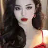 Conjunto de Colar e Brincos de Corrente para Clavícula Vermelho Gota d'Água Exagerado de Luxo Vintage com Pingente de Cristal de Imitação para Noivas Elegantes e Festas Noturnas