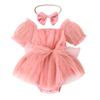 Roupas infantis Baoxi estilo coreano para bebê menina princesa verão cor pura malha manga curta laço de renda faixa de cabelo macacão de fralda