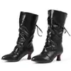 Nuevas botines de tacón de gatito con punta, estilo europeo y americano, con ribete de volantes, diseño de cordones y detalles plisados, disponibles en tallas grandes, botines retro de media pantorrilla para mujer para comercio transfronterizo