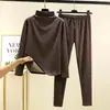 Conjunto de ropa interior térmica de manga larga cepillada por ambos lados con cuello semi-alto, conjunto de dos piezas para mujer talla grande, top grueso de otoño y pantalones