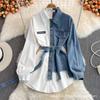 Vestido de Retazos de Mezclilla Transfronterizo con Solapa, Nuevo Estilo Primavera y Otoño, Ceñido a la Cintura, Adelgazante, Irregular de Largo Medio