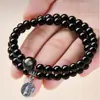 Pulseira de Obsidiana da Montanha Putuo para Atrair Riqueza para Mulheres, Pulseira Natural de Cristal de Camada Dupla, Contas Trazedoras de Fortuna, Presente Convidativo para Riqueza