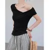 26 Verano Tencel de Lenzing Lana Inspirado en el Diseño Cuello Diagonal Manga Corta Camiseta, Corte Ajustado, Top de Punto Versátil 25916