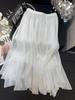 Saia Guarda-Chuva de Chiffon Estilo Ocidental Emagrecedora Bainha Larga Verão Novo Saia de Rede Fluida de Alta Qualidade Cintura Alta Saia A-Line