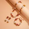 Conjunto de Joias de Luxo Leve de Alta Qualidade Europeu e Americano Transfronteiriço com Flores Incrustadas de Diamante Vermelho, Brincos de Pérolas com Contas, Colar e Pulseira para Mulheres
