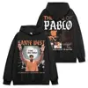 Camiseta de manga corta lavada con cuello redondo y capucha holgada para hombre, estilo hip-hop americano transfronterizo, con estampado de Kanye West