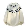 Suéter de Punto Jacquard Fair Isle Redondo para Hombre Estilo Étnico Retro Engrosado Holgado