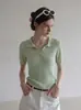 Camisa de Punto Ligera Color Verde Claro con Cuello Polo de Manga Corta Estilo Old Money para Mujer, Top Corto Transpirable de Seda de Hielo Hueco para Verano, Ajuste Delgado Elegante