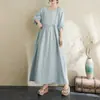 Nuevo Estilo de Principios de Otoño Estilo Literario Sencillo Vestido de Gasa de Doble Capa Azul Claro Cuello Redondo Mangas de Farol Holgado Adelgazante Versión Grande