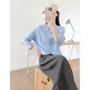 Jaqueta suéter de cashmere azul para mulheres, novo estilo de outono, solta e versátil, gola redonda, cardigã tricotado de lã de ovelha