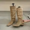 Primer Encuentro Temporada Estilo Coreano Gamuza Apilado Punta Cuadrada Tacón Oculto Botas Altas Mujer Super Atractivas Alargan Piernas Calzado sin Cordones Caña Ancha