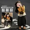 Conjunto de dos piezas para niña estilo coreano, nueva colección de otoño, top de manga larga con retazos de moda estilo princesa y pantalón versátil de lunares