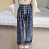 Pantalones Vintage de Cuadros Azules para Embarazadas, Verano Nuevo Casual Sueltos de Cintura Alta con Caída Petite Sueltos de Pierna Ancha
