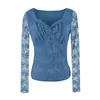 Camiseta de manga larga con cuello en V, retazos de encaje, estilo francés, ligera y lujosa para mujer, nueva colección primavera 2026, que irradia una vibra sofisticada y a la moda