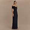 Estilo Ins Transfronterizo Nuevo Vestido Halter de Cuello de una Línea Sexy Malla Costuras Cintura Color Puro Espalda Descubierta Falda Larga